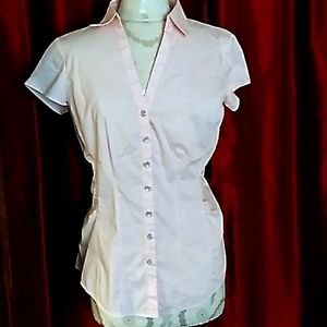 Donating in early June 2022, crisp, retro light pink fitted button up